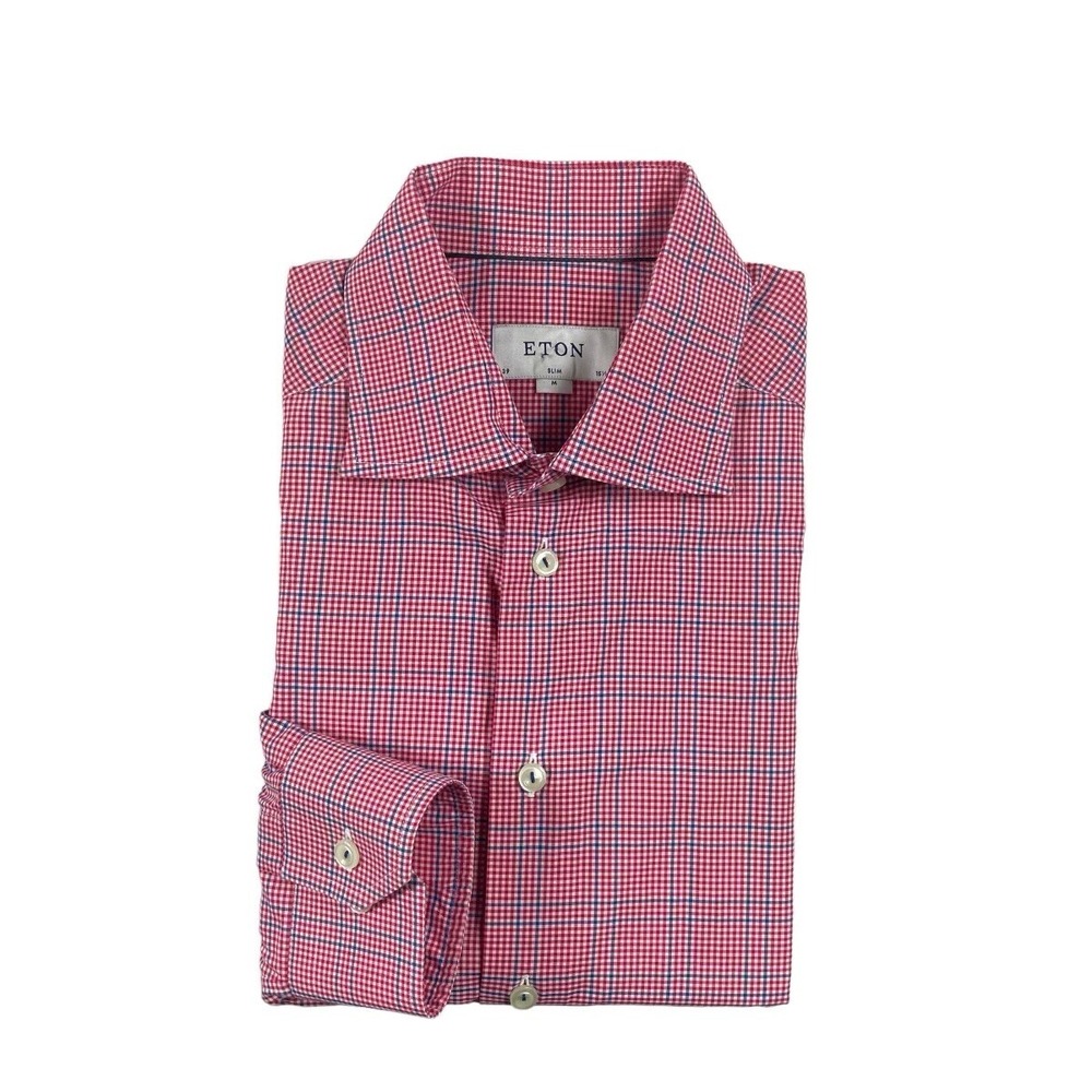 ETON Red Blue Checked Cotton Slim Fit Button Front Shirt Mens Size M 15.5